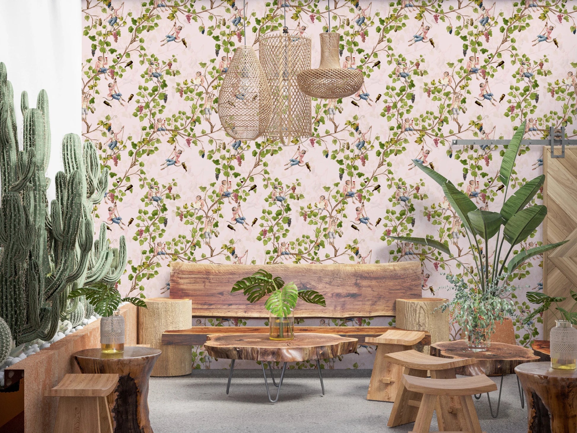 Dining vibe in an space with Whimsical Rococo Monkeys Vineyard Pink Wallpaper., GD8588