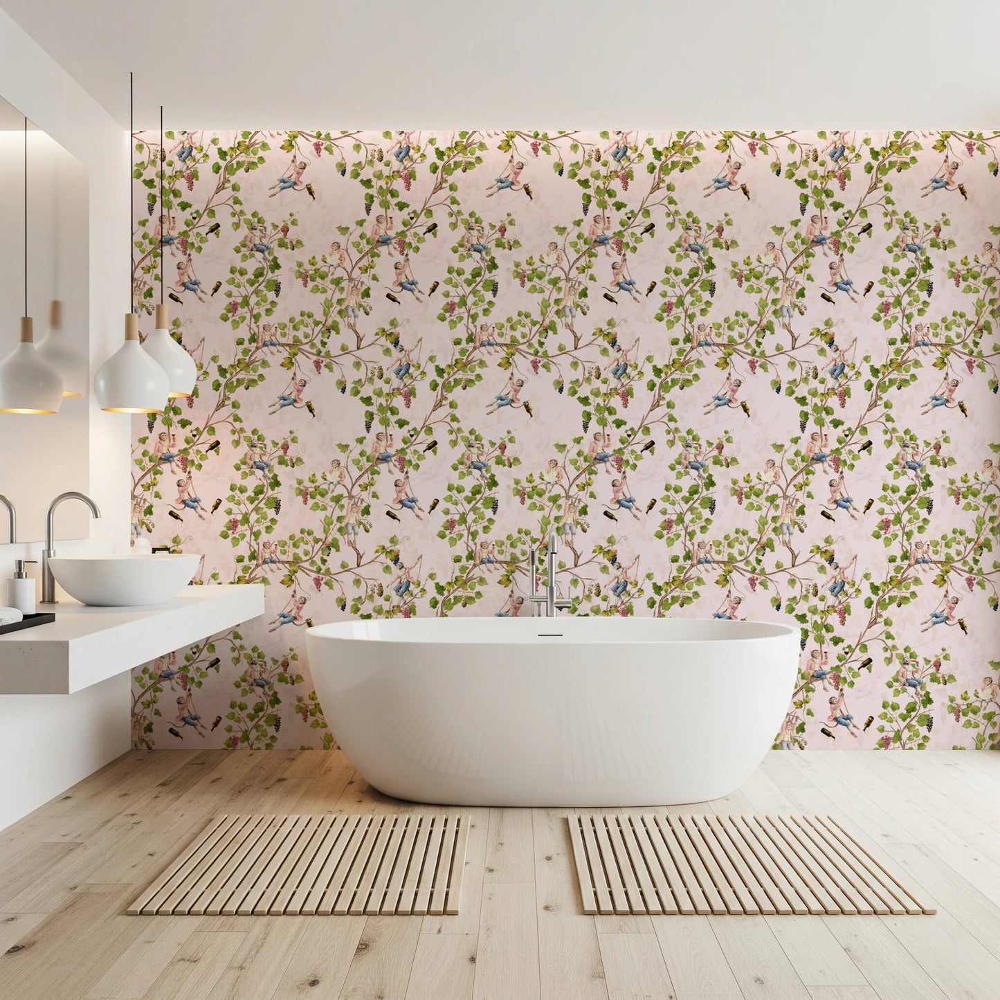 Durable Whimsical Rococo Monkeys Vineyard Pink Wallpaper accenting a modern bathroom., GD8588