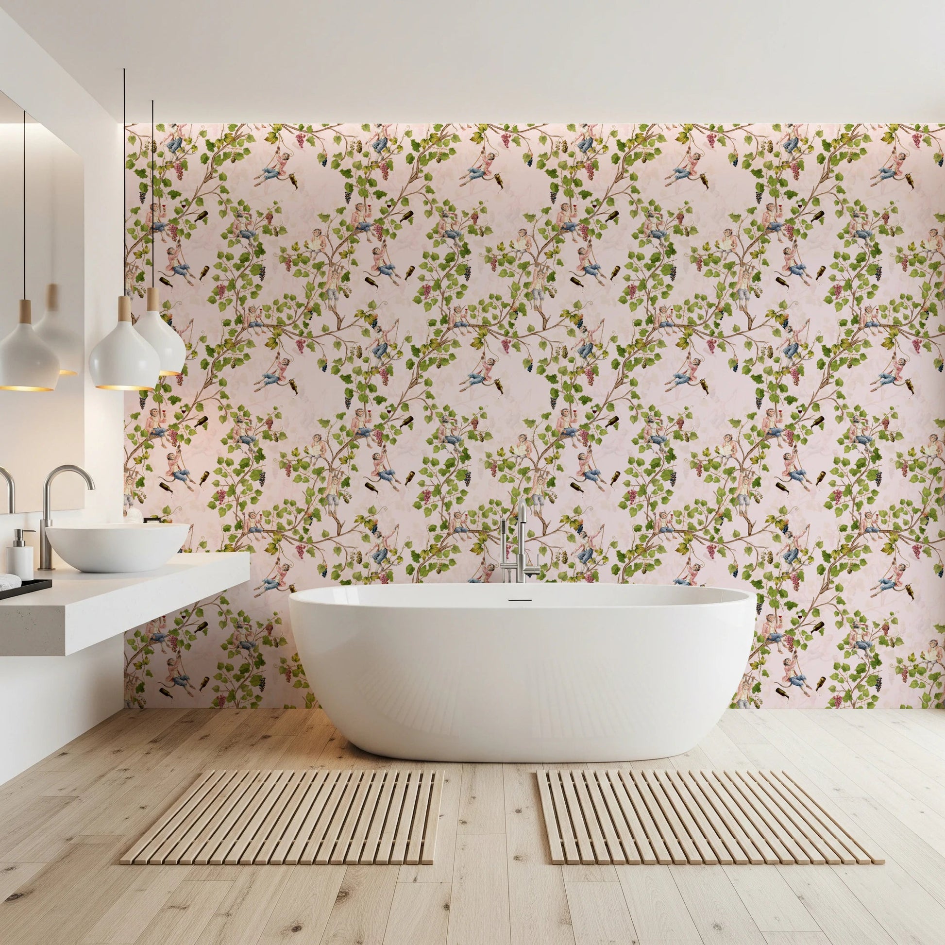 Durable Whimsical Rococo Monkeys Vineyard Pink Wallpaper accenting a modern bathroom., GD8588
