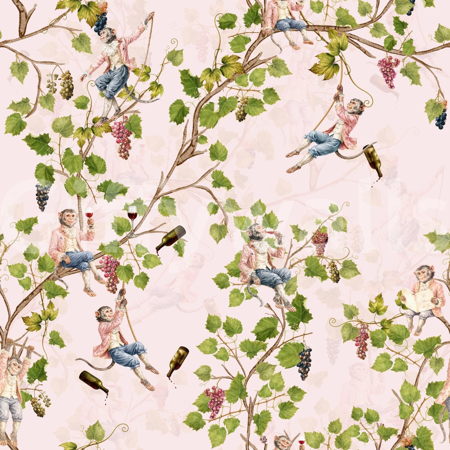 Matte finish on the Whimsical Rococo Monkeys Wine Festival Vineyard Garden Pink Wallpaper, GD8588