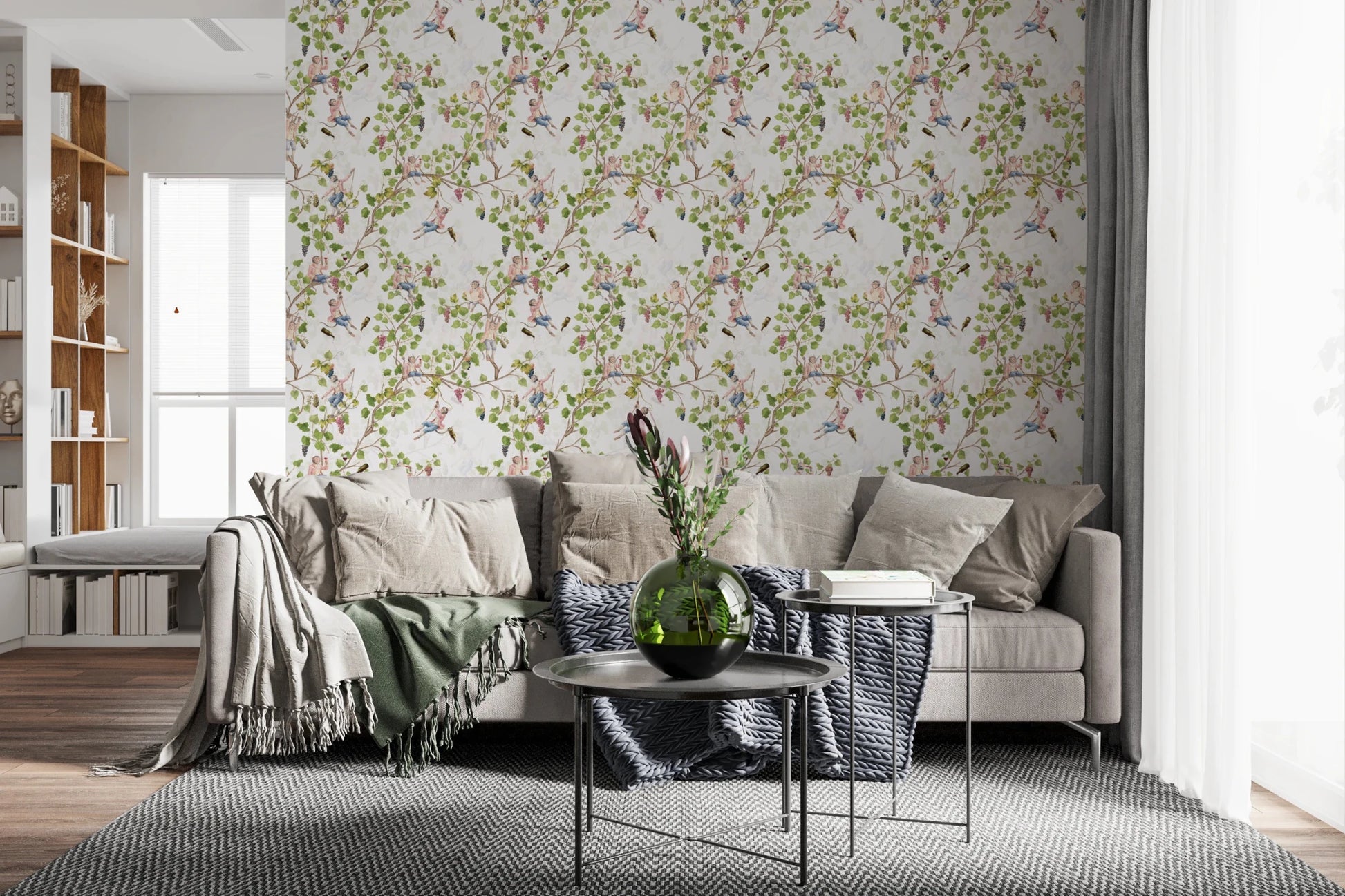 Living room updated with monkey vineyard white wallpaper and delicate vine detail