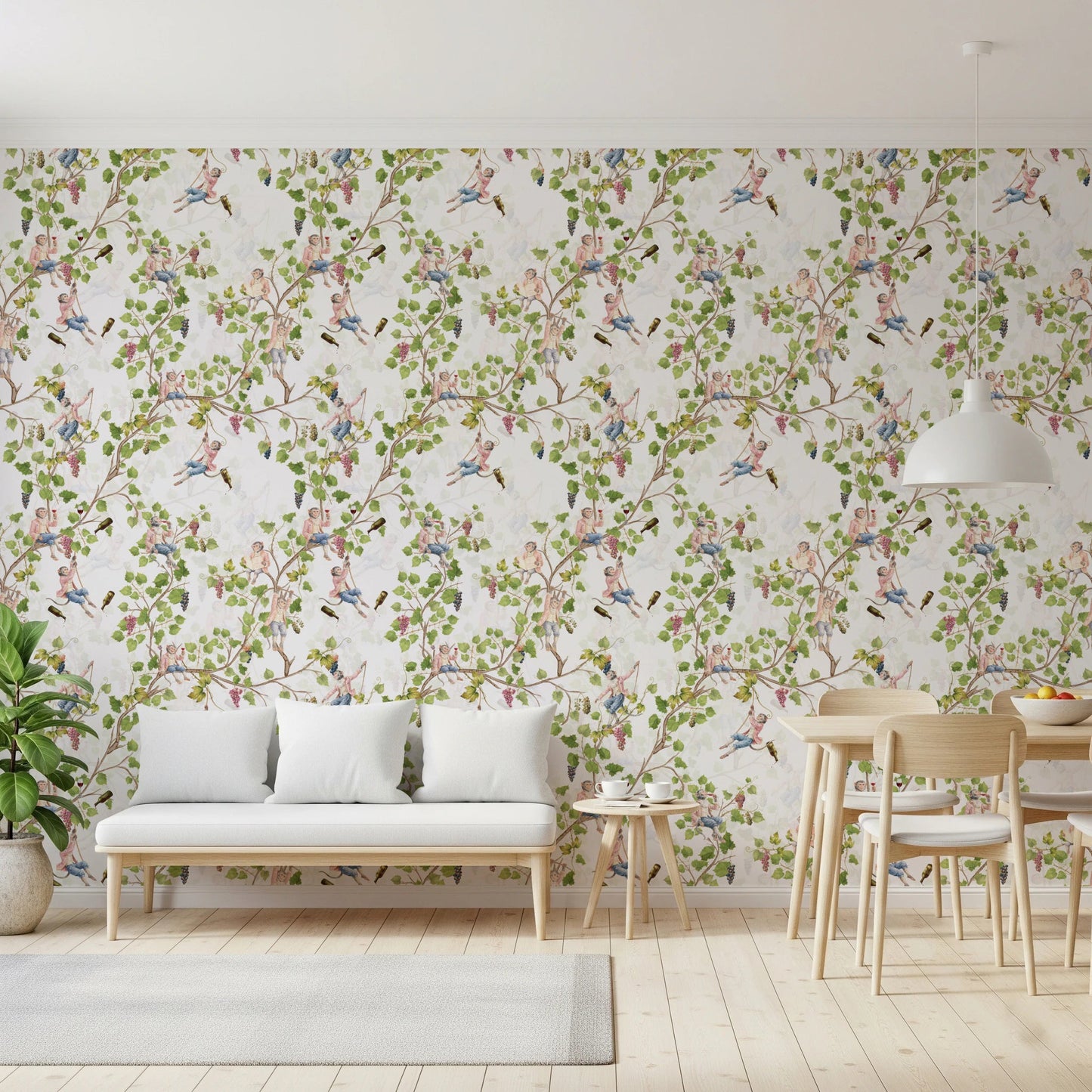 Sunlit sitting area brightened by vintage wine festival monkey wallpaper on white