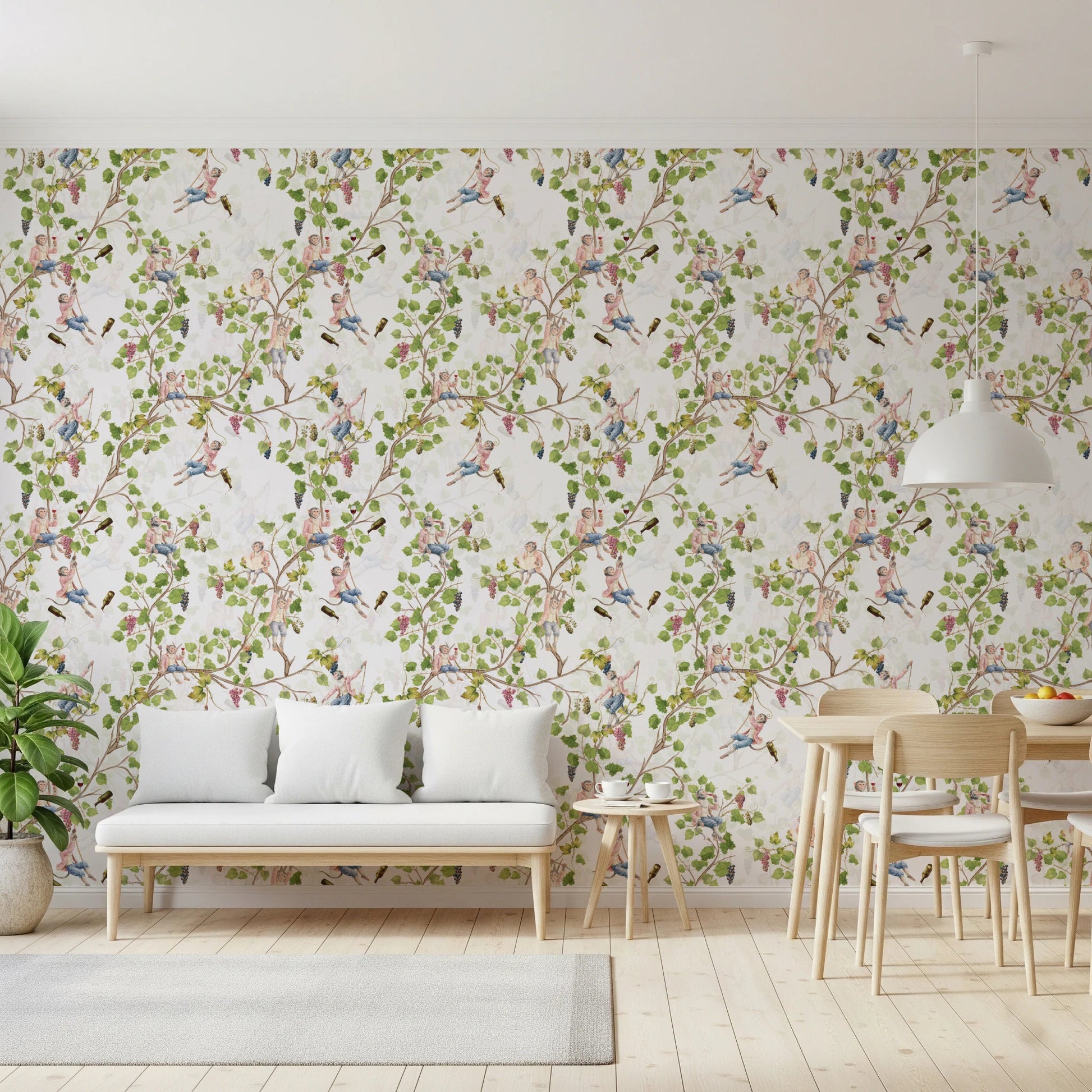 Sunlit sitting area brightened by vintage wine festival monkey wallpaper on white