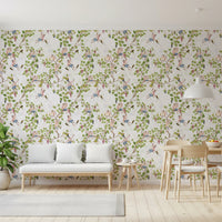 Sunlit sitting area brightened by vintage wine festival monkey wallpaper on white