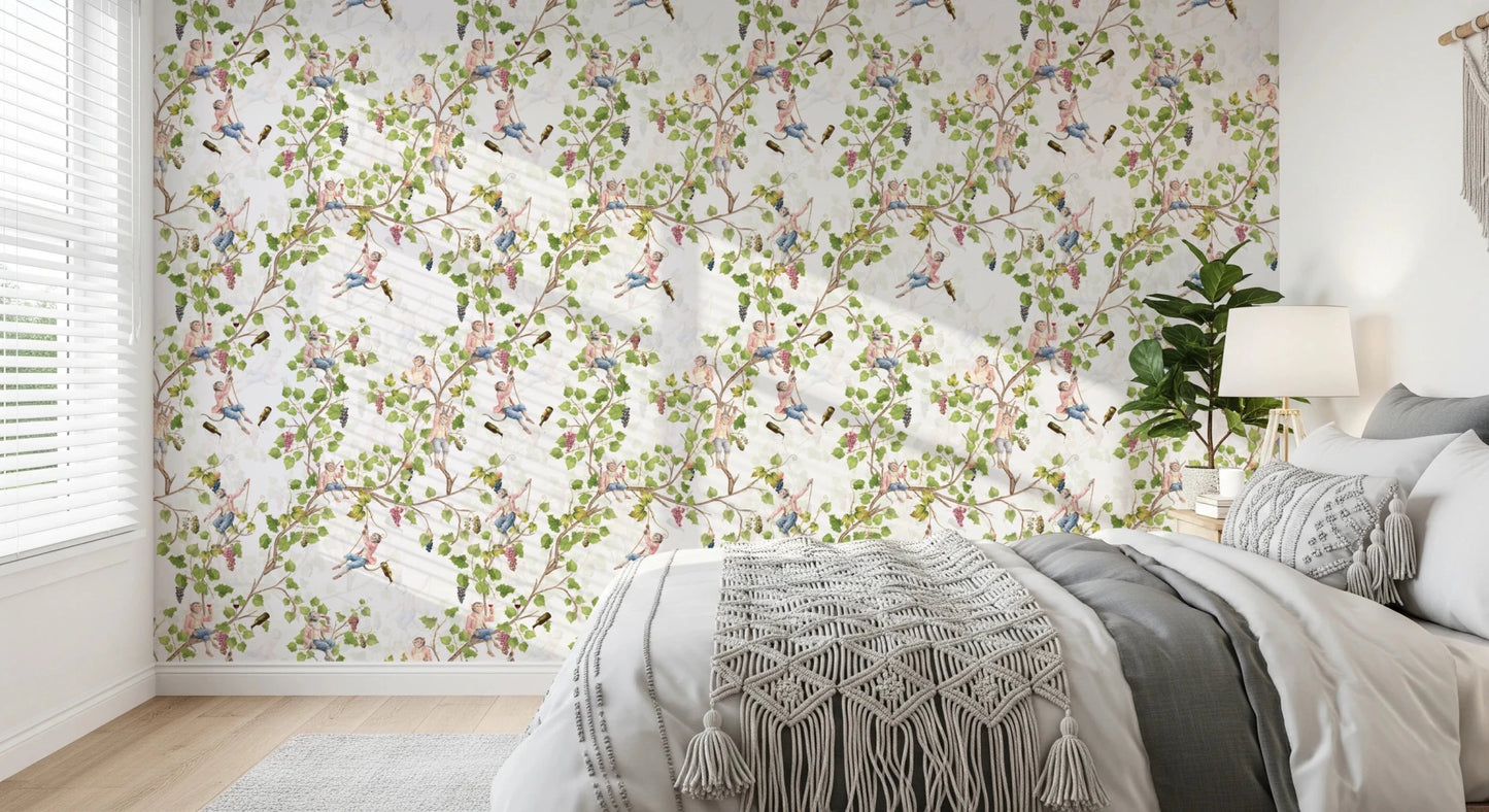 Calm bed space framed by whimsical rococo vineyard wallpaper with leafy branches