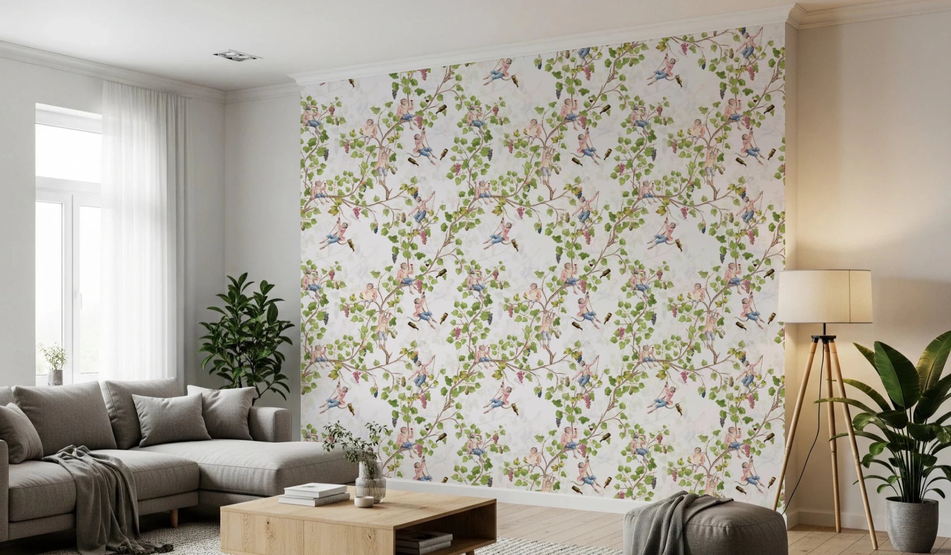 Open lounge corner lifted by whimsical wine festival monkey wallpaper charm