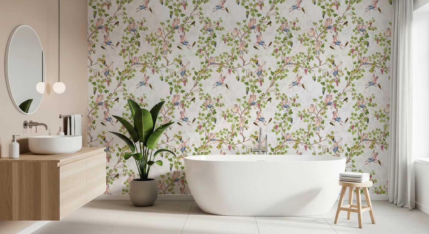 Bathroom vanity softened by aristocratic vineyard monkey wallpaper on a pale ground