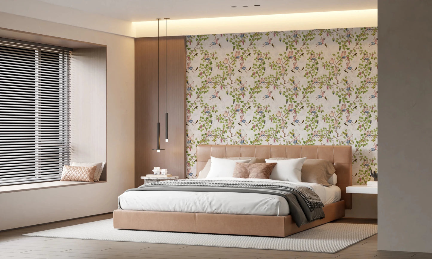 Warm bedroom corner finished in aristocratic monkey vineyard wallpaper with grapevines