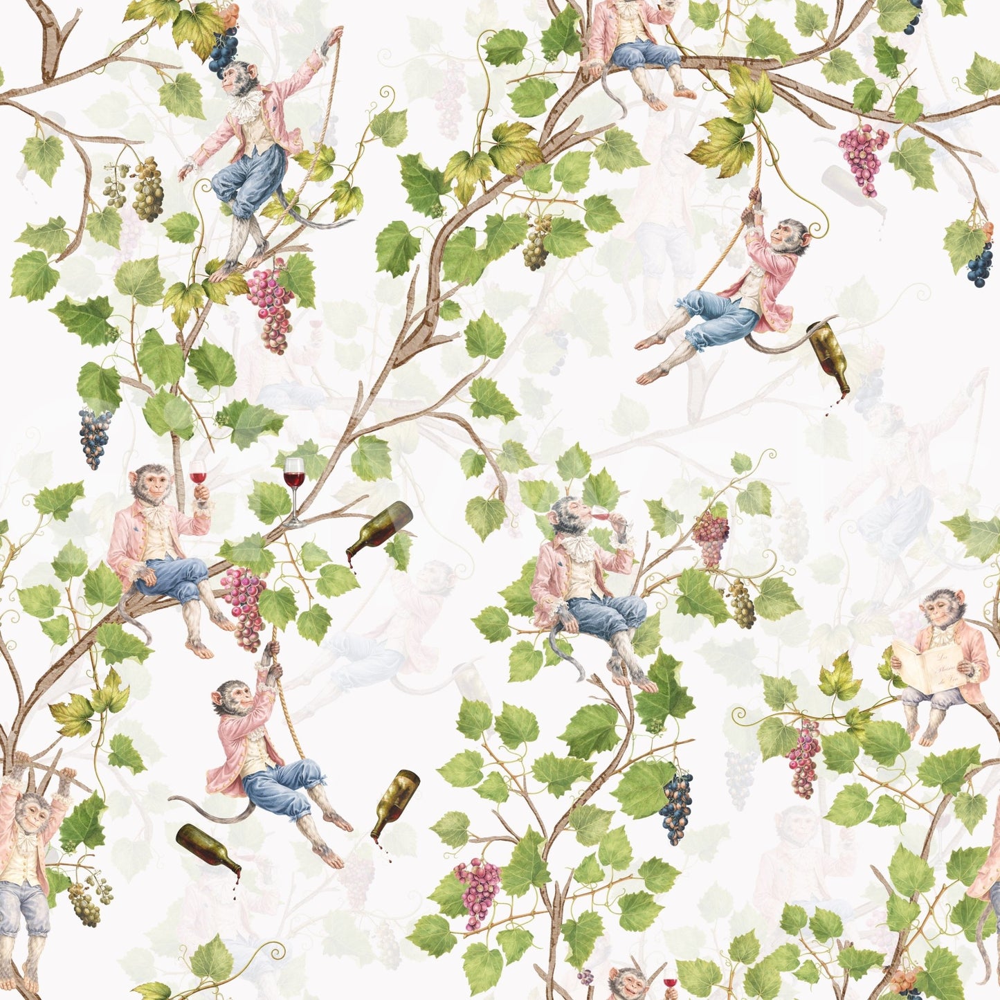 Vintage vineyard monkey wallpaper with aristocratic figures on leafy grape branches