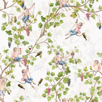 Vintage vineyard monkey wallpaper with aristocratic figures on leafy grape branches