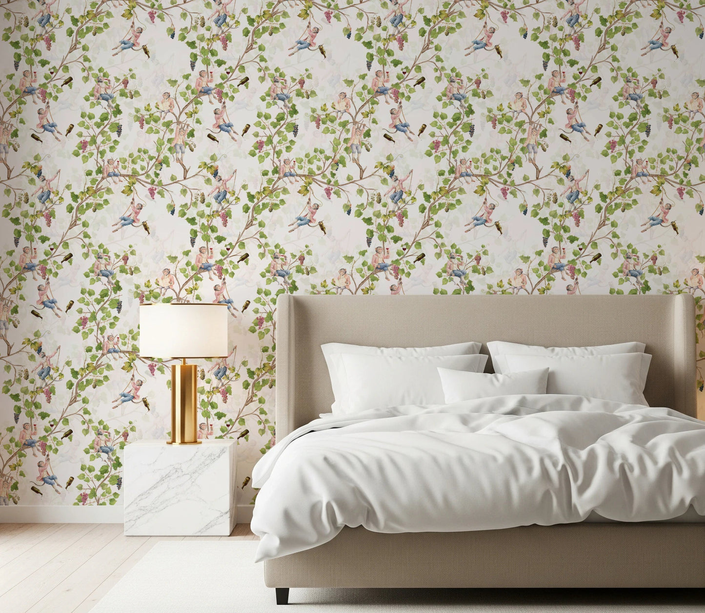 Bedroom styled with rococo monkey vineyard wallpaper on a soft white botanical 