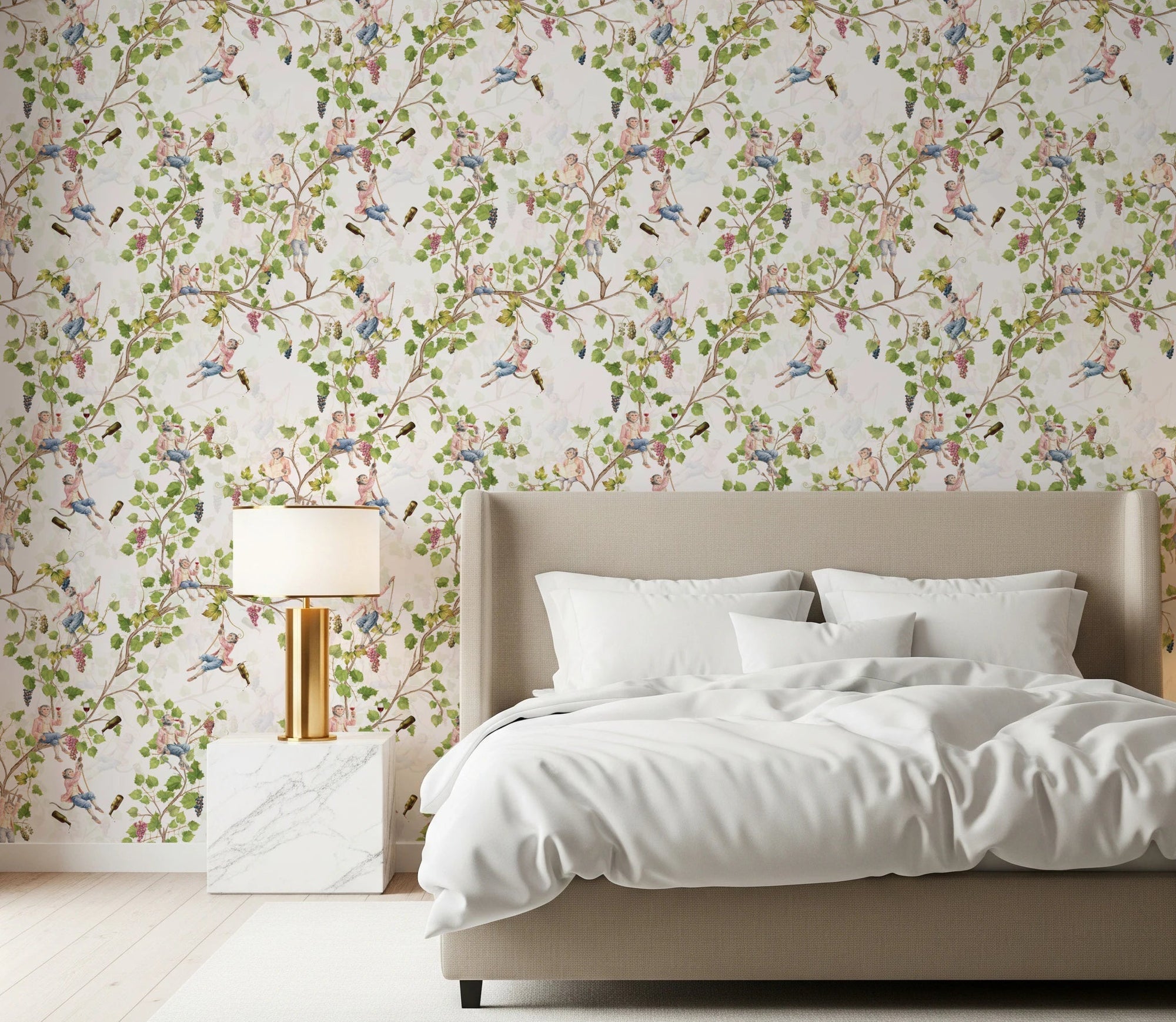 Bedroom styled with rococo monkey vineyard wallpaper on a soft white botanical, GD8586