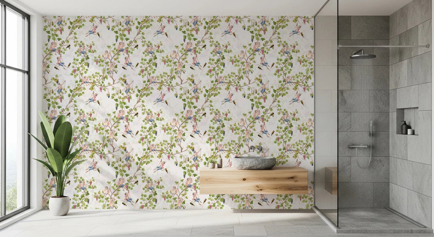 Bath area styled with rococo monkey vineyard wallpaper and airy botanical pattern