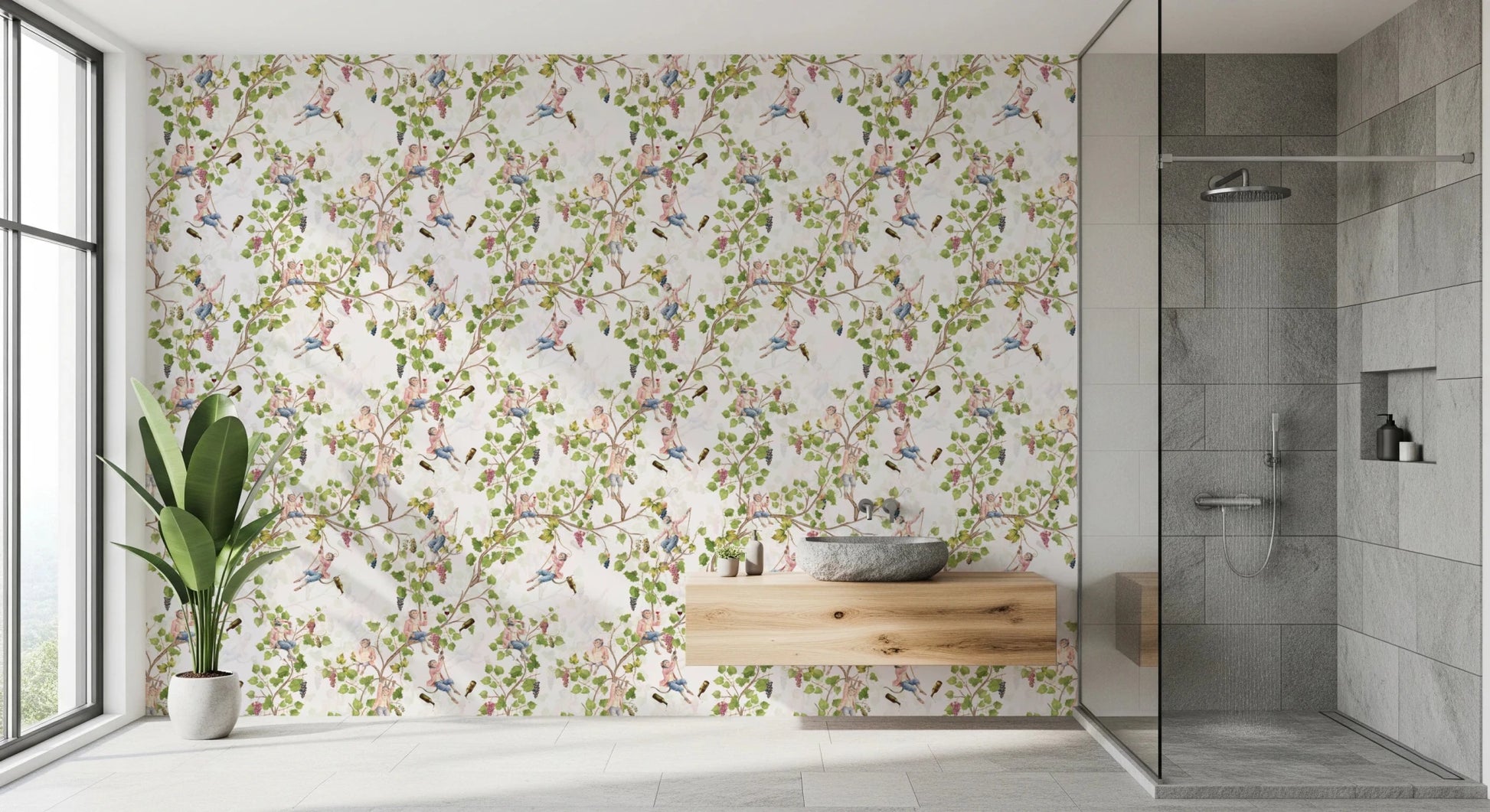 Bath area styled with rococo monkey vineyard wallpaper and airy botanical pattern