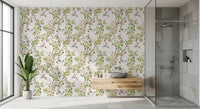 Bath area styled with rococo monkey vineyard wallpaper and airy botanical pattern