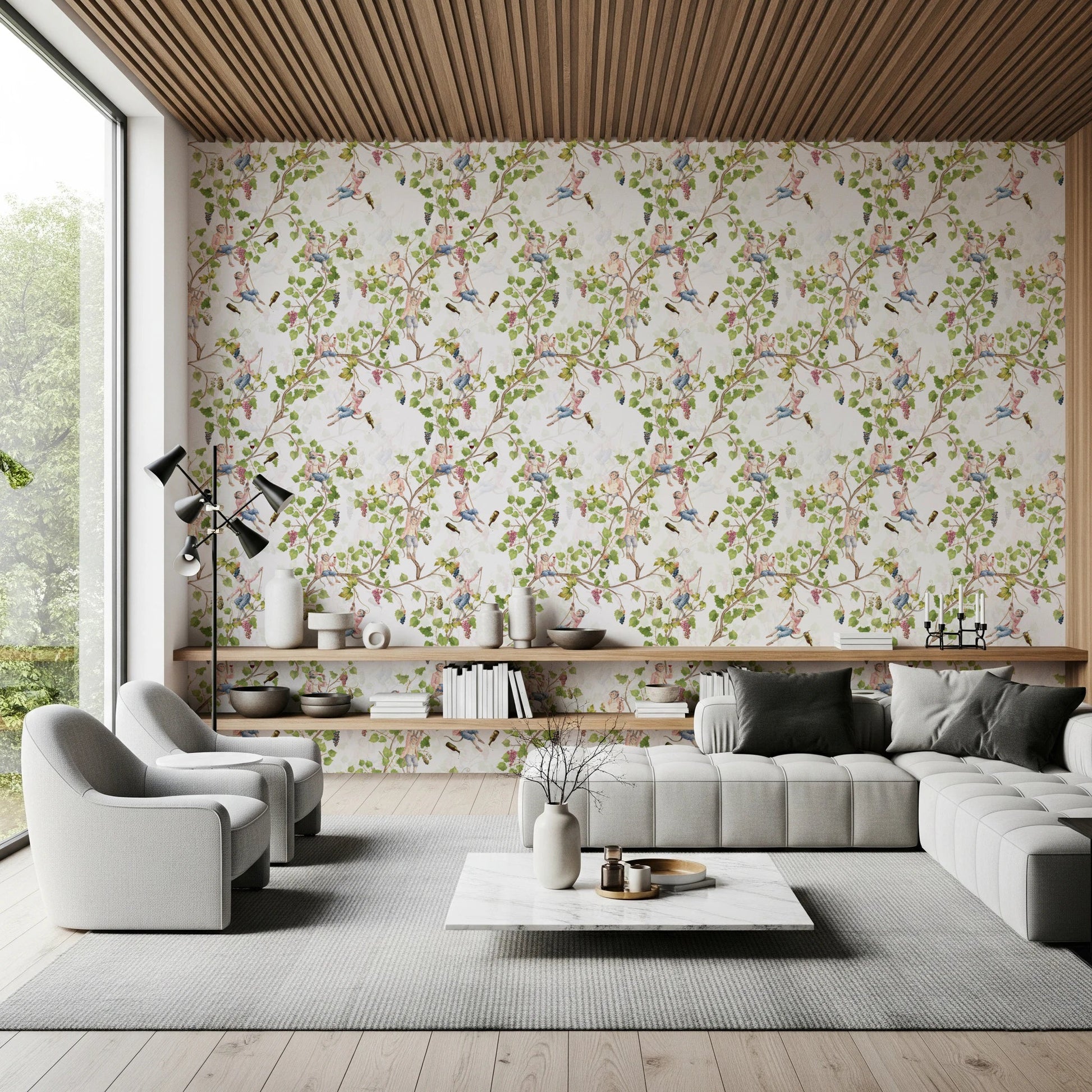 Lounge featuring whimsical vineyard monkey wallpaper beneath a timber ceiling