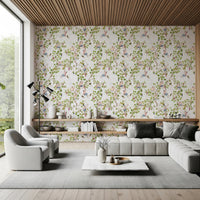 Lounge featuring whimsical vineyard monkey wallpaper beneath a timber ceiling