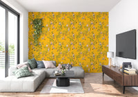 Living area backdrop with Whimsical Rococo Monkeys Vineyard Yellow wallpaper.