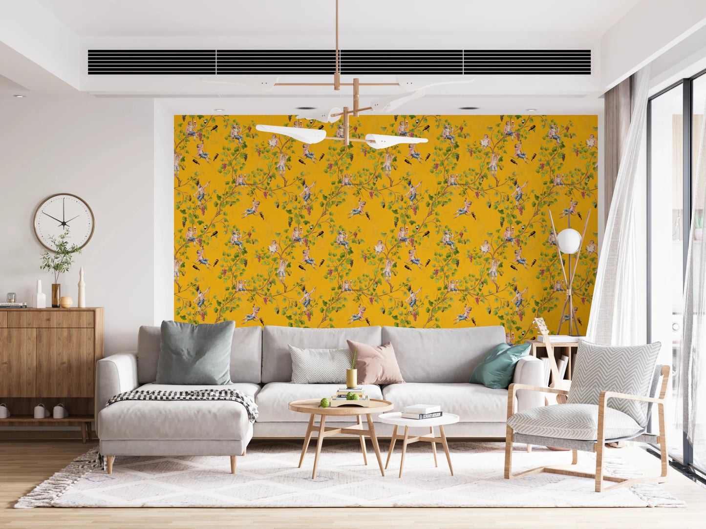 High-style living room with a gold chandelier and  Monkeys Vineyard Yellow wallpaper.