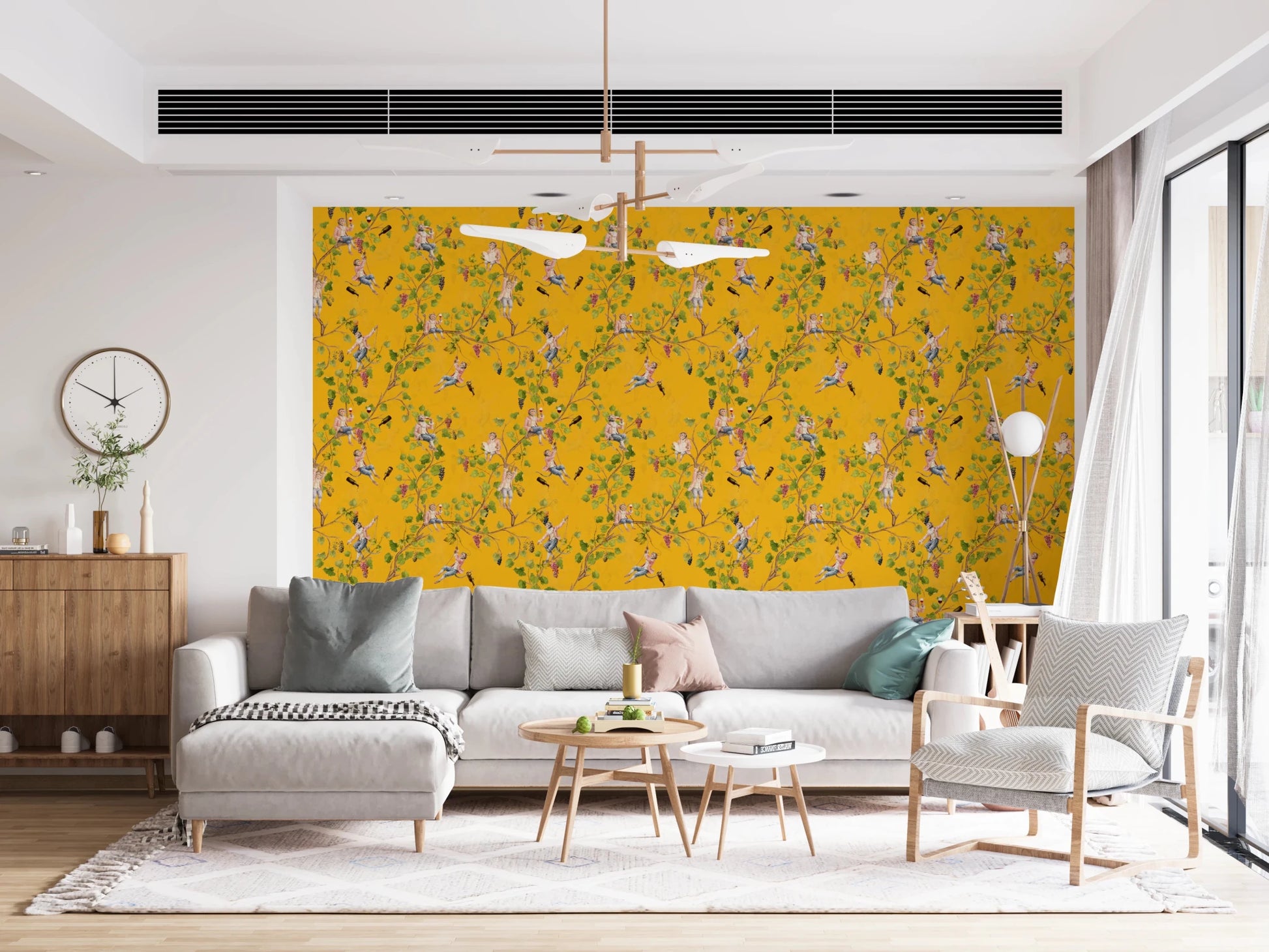 High-style living room with a gold chandelier and  Monkeys Vineyard Yellow wallpaper.