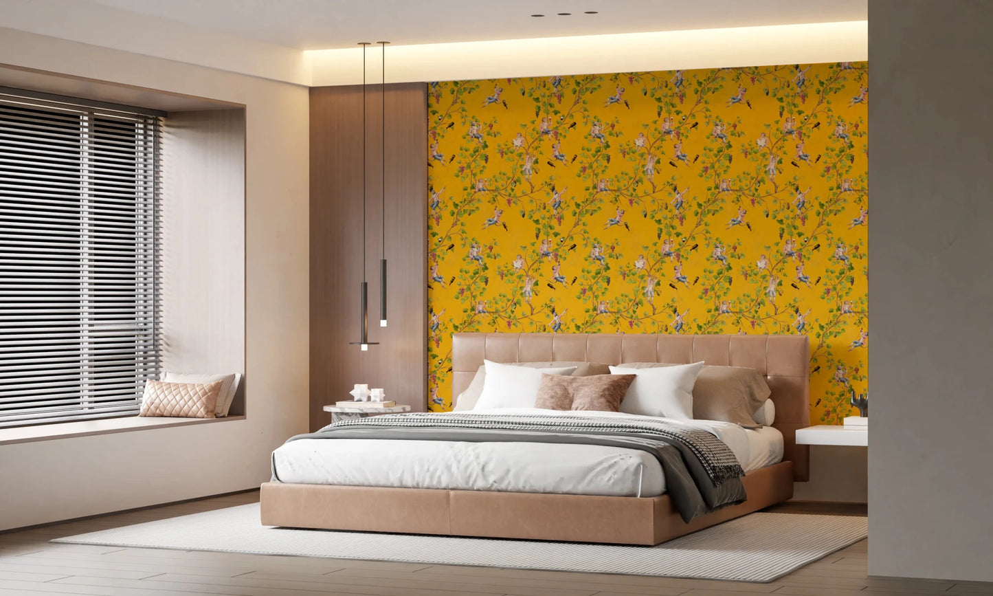 Clean master bedroom featuring Whimsical Rococo Monkeys Vineyard Yellow wallpaper.