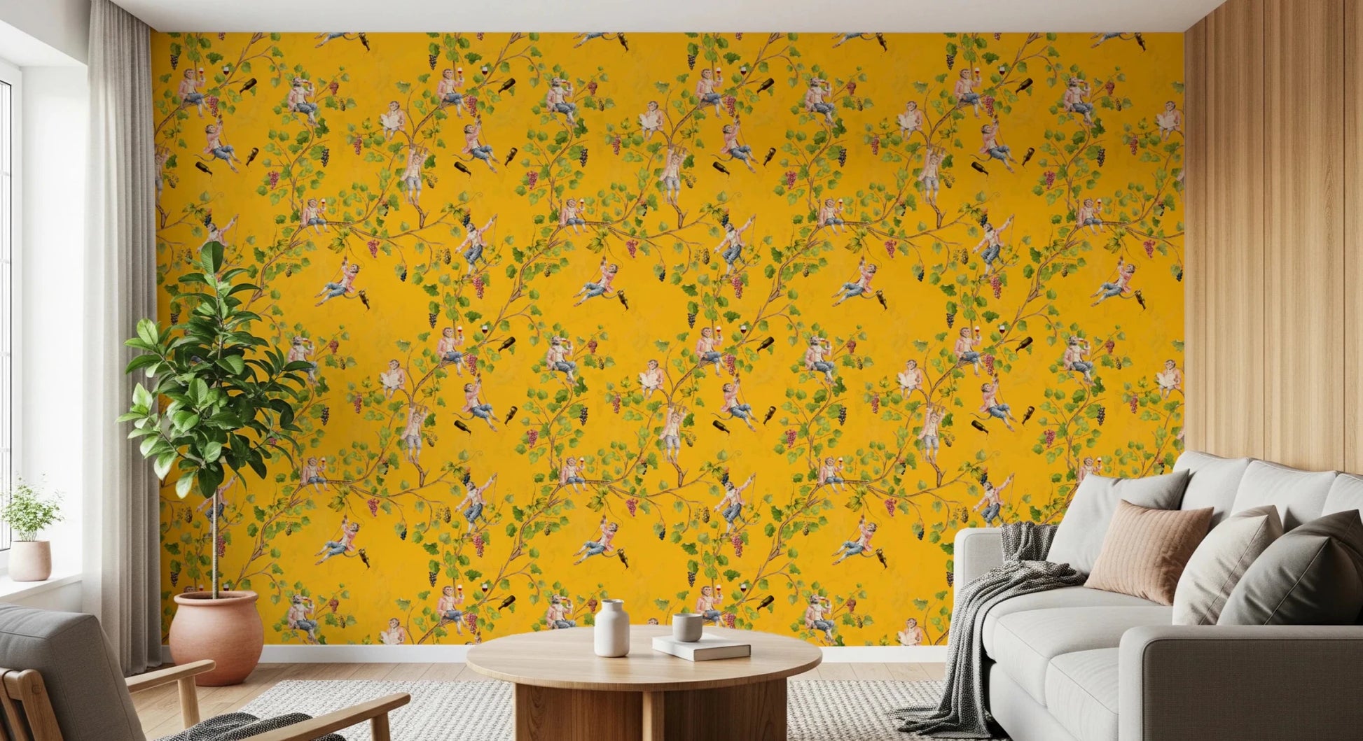 Open-plan living room with continuous Whimsical Rococo Monkeys Vineyard Yellow wallpaper.