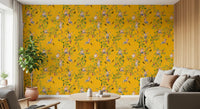 Open-plan living room with continuous Whimsical Rococo Monkeys Vineyard Yellow wallpaper.