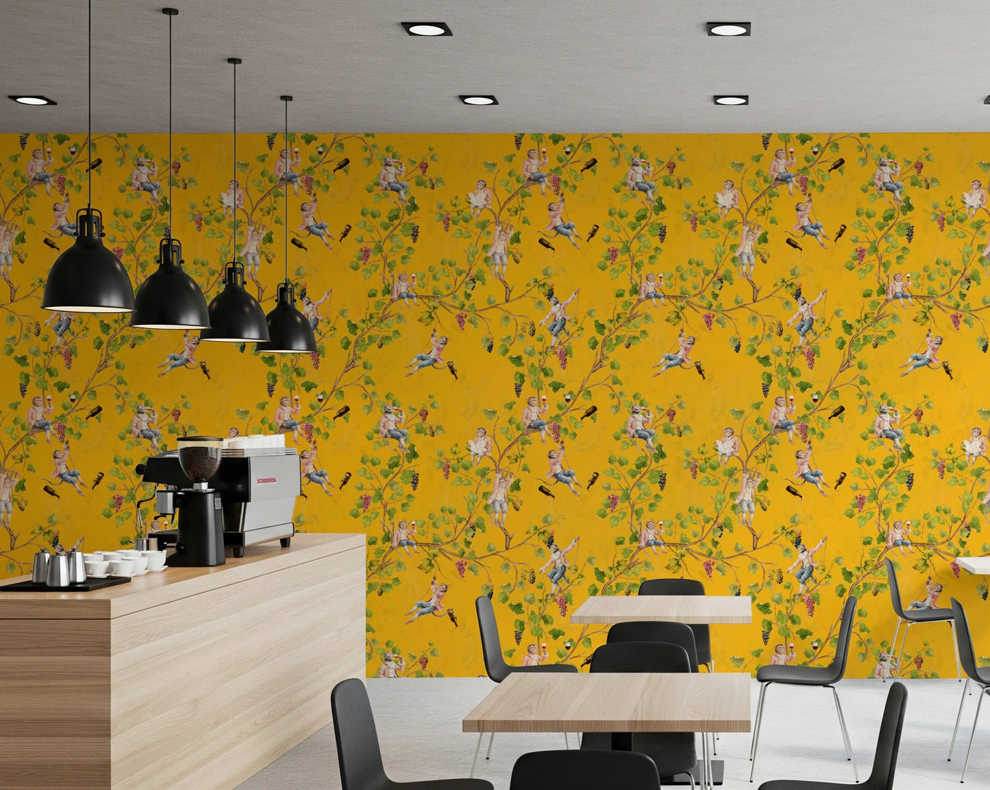 Cafe bar counter interior featuring Whimsical Rococo Monkeys Vineyard Yellow wallpaper.