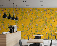 Cafe bar counter interior featuring Whimsical Rococo Monkeys Vineyard Yellow wallpaper.