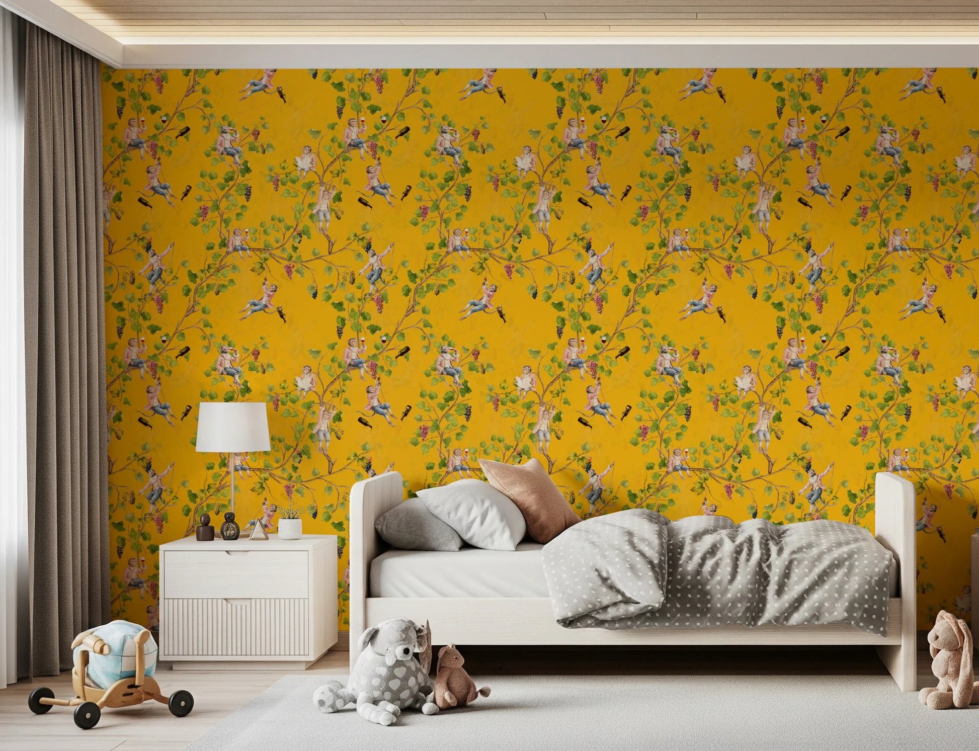 Charming kids’ room mockup featuring Whimsical Rococo Monkeys Vineyard Yellow wallpaper.