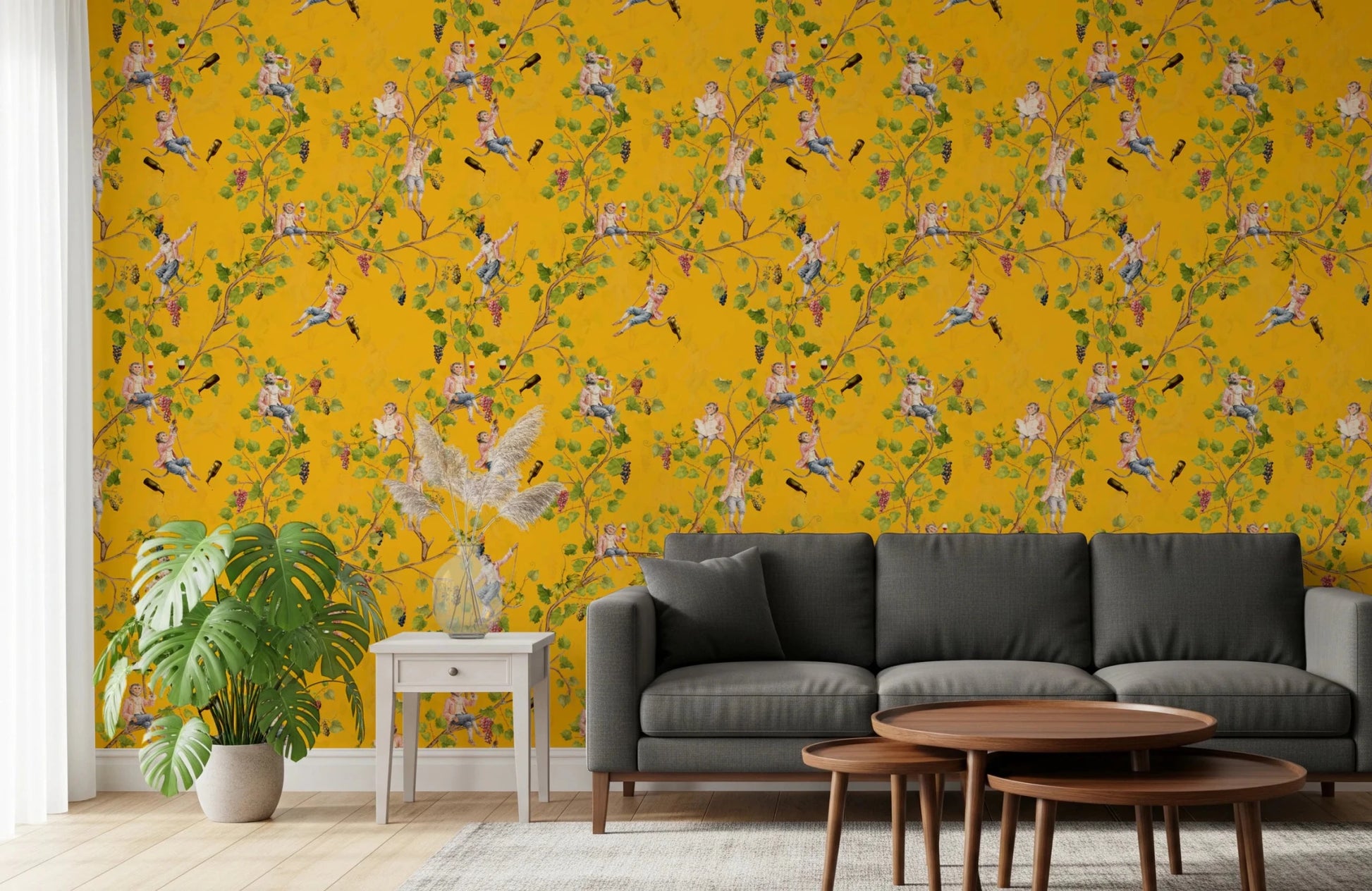 Sophisticated lounge with a grey sofa against Whimsical Rococo Monkeys Vineyard Yellow wallpaper.