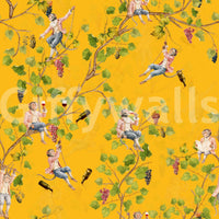 Detailed matte finish on Whimsical Rococo Monkeys Vineyard Garden Yellow wallpaper