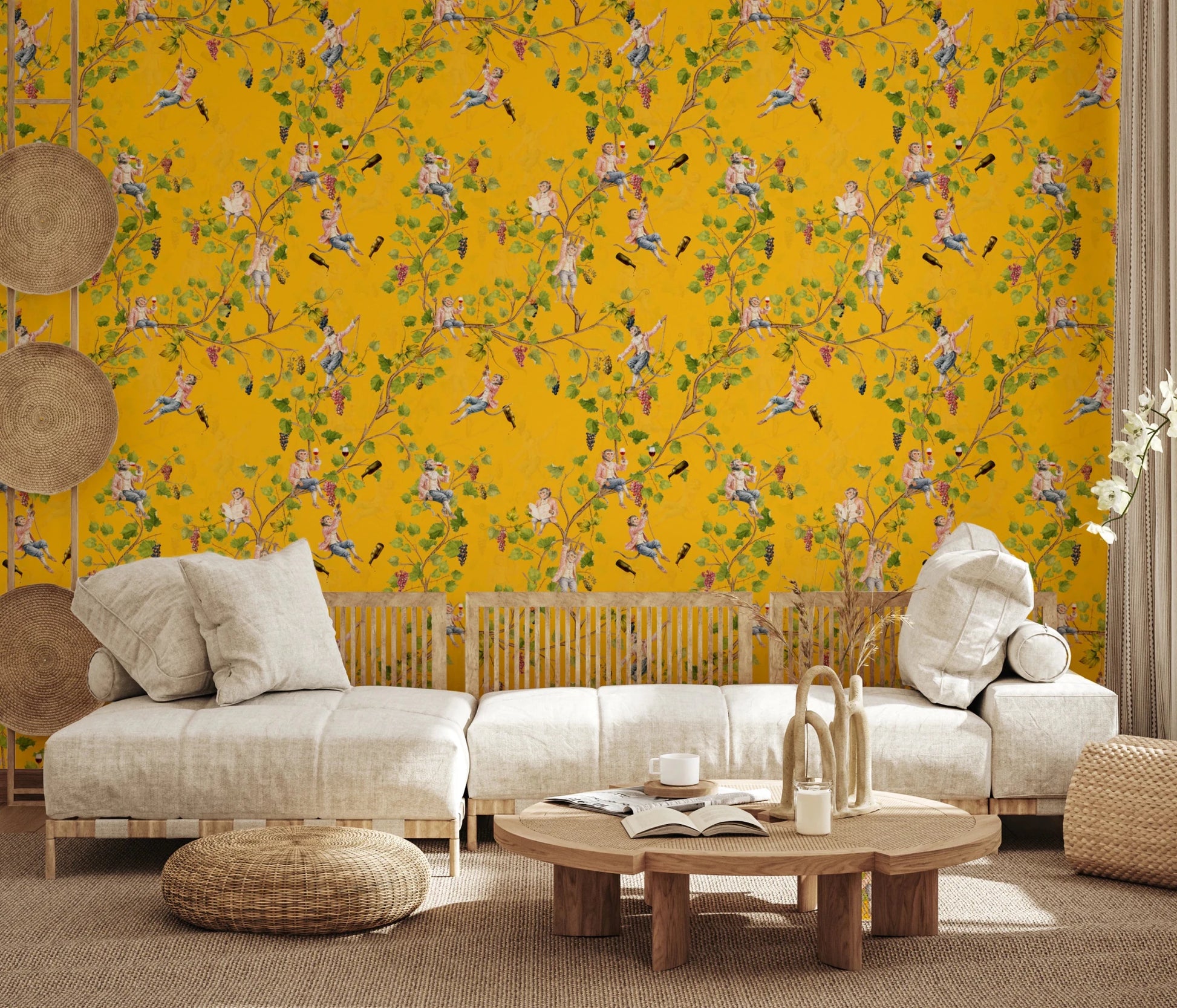 L-shaped sectional sofa against the Whimsical Rococo Monkeys Vineyard Yellow wallpaper.