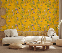 L-shaped sectional sofa against the Whimsical Rococo Monkeys Vineyard Yellow wallpaper.