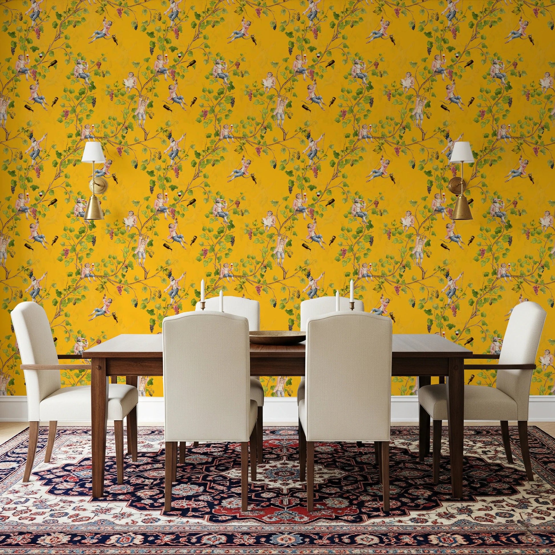 Formal dining room mockup featuring Whimsical Rococo Monkeys Vineyard Yellow wallpaper.