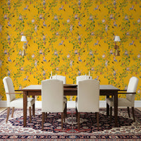 Formal dining room mockup featuring Whimsical Rococo Monkeys Vineyard Yellow wallpaper.