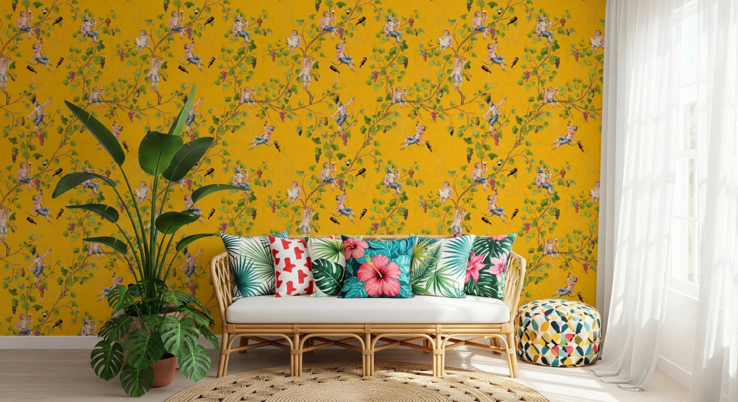 Sunlit corner of a living space with Monkeys Vineyard Yellow wallpaper and plants.