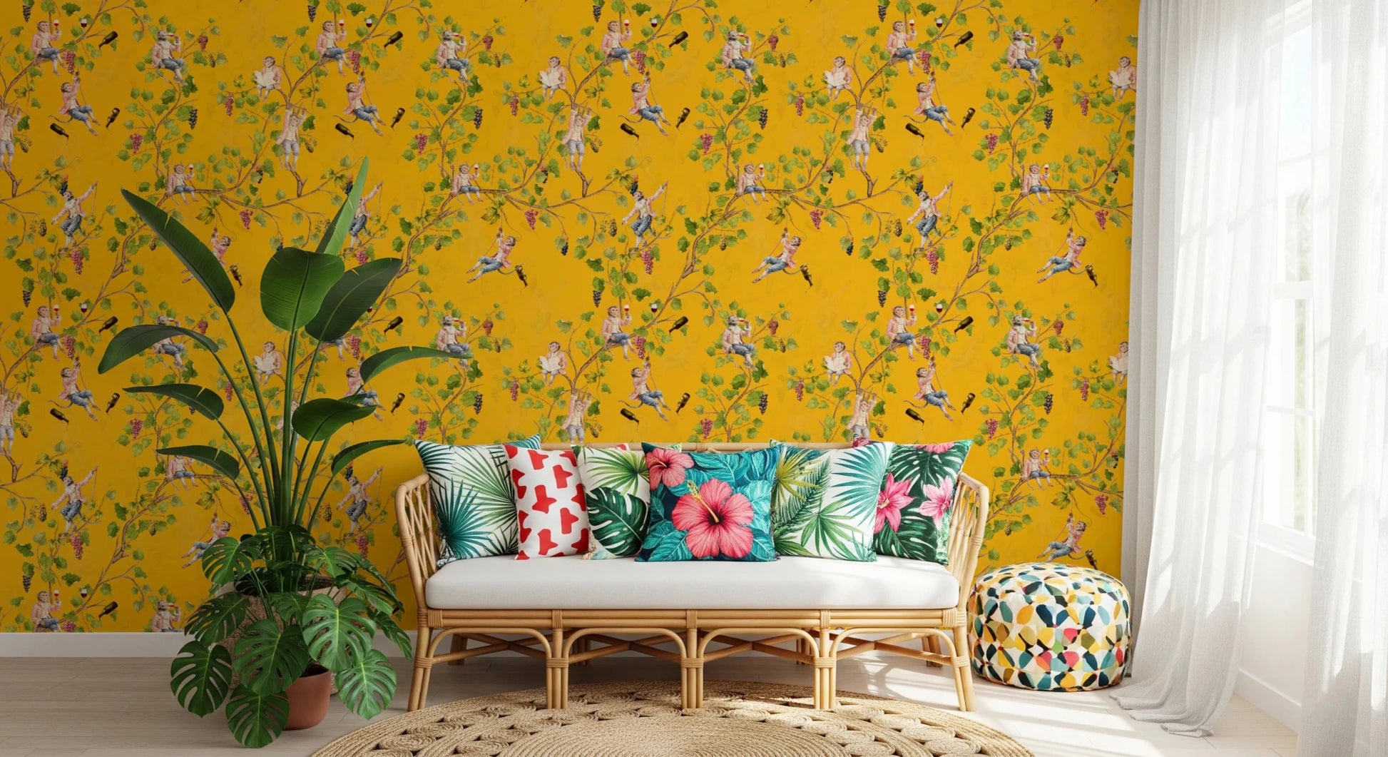 Sunlit corner of a living space with Monkeys Vineyard Yellow wallpaper and plants.