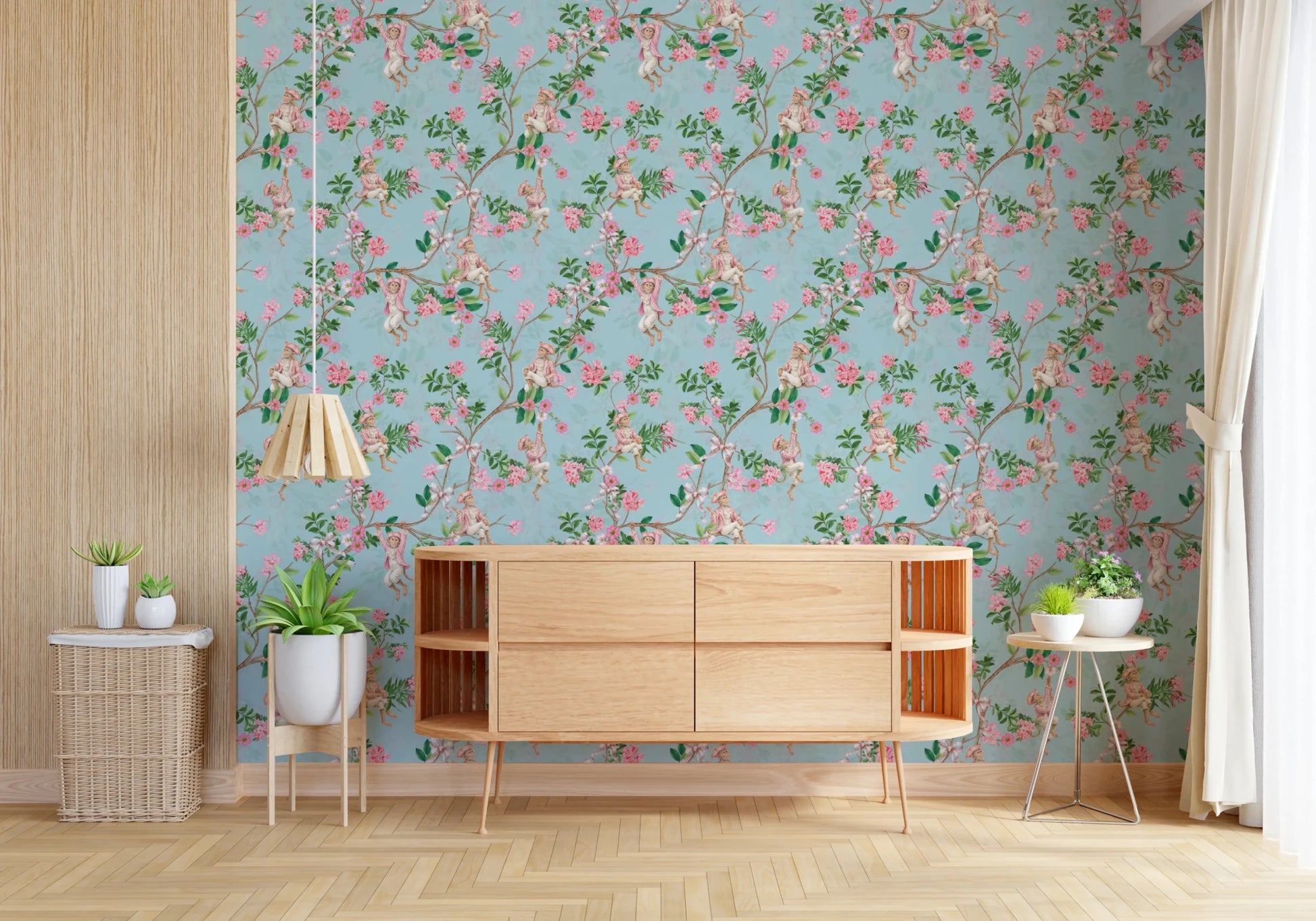 Console styled in rococo garden party blue wallpaper with delicate branchwork
