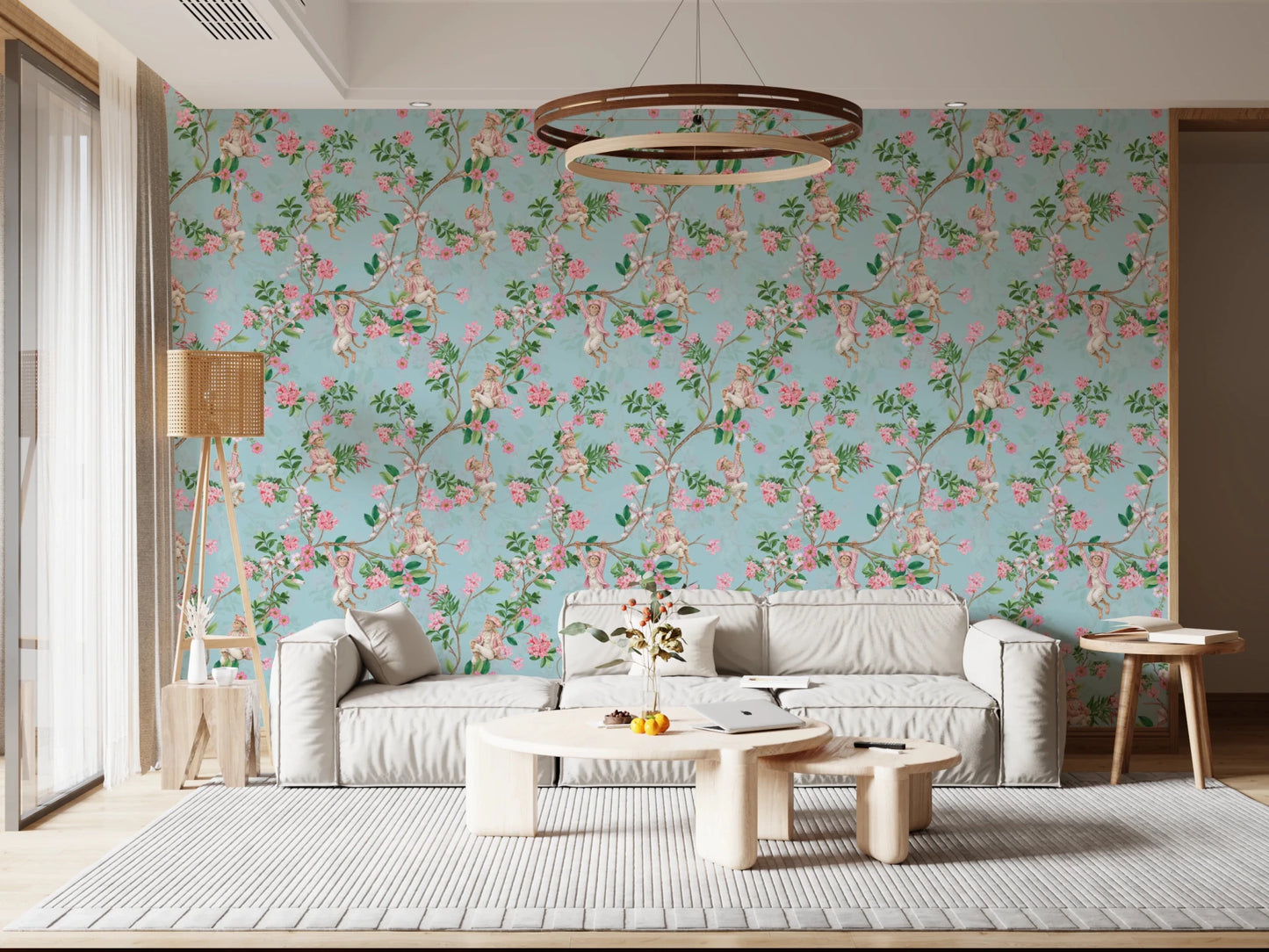 Bright seating area lifted by vintage aristocratic monkey wallpaper with florals