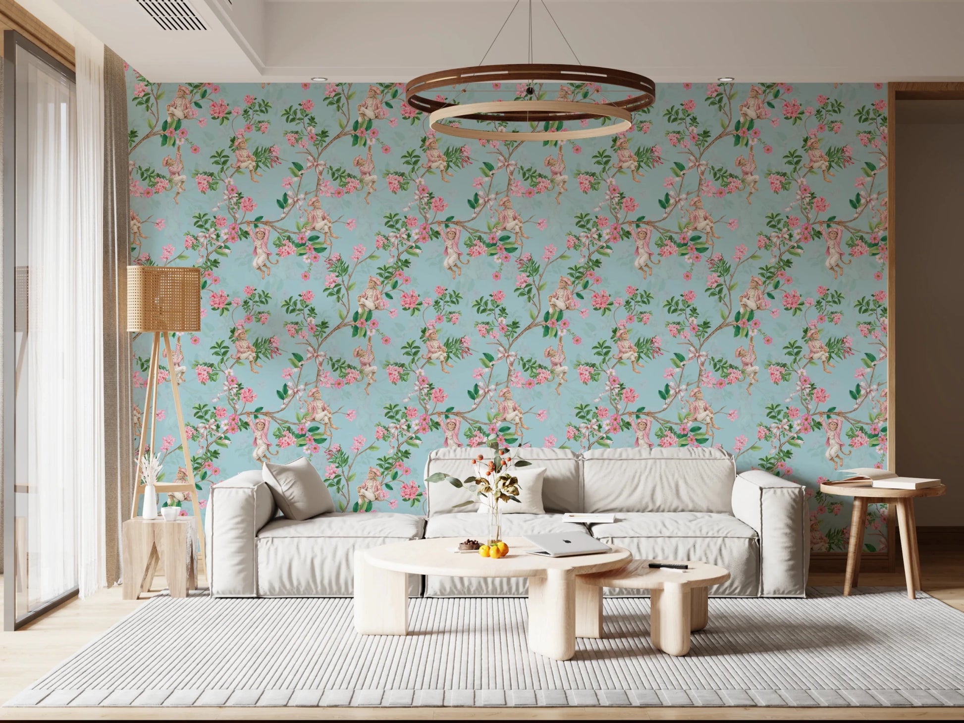Bright seating area lifted by vintage aristocratic monkey wallpaper with florals