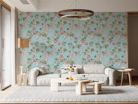 Bright seating area lifted by vintage aristocratic monkey wallpaper with florals