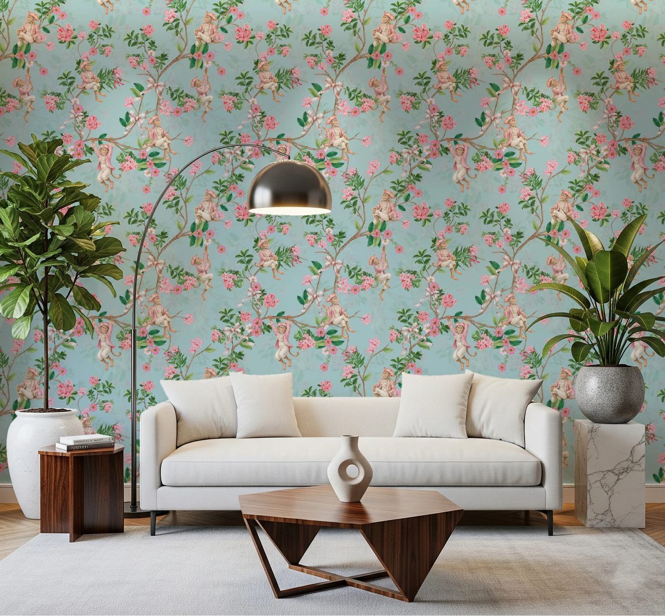 Living room styled with rococo monkey blue wallpaper and soft pink blossom detail