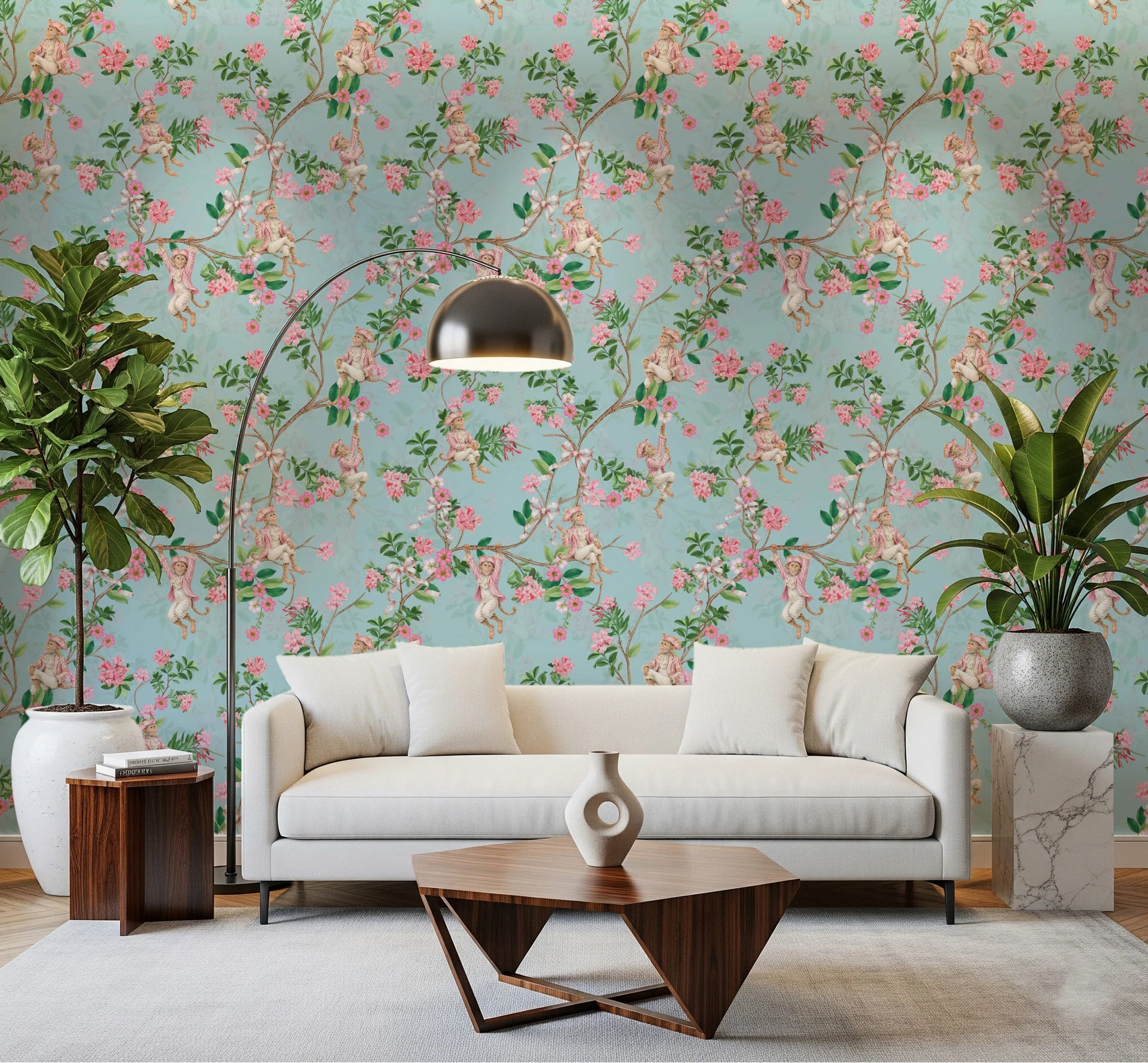 Living room styled with rococo monkey blue wallpaper and soft pink blossom detail