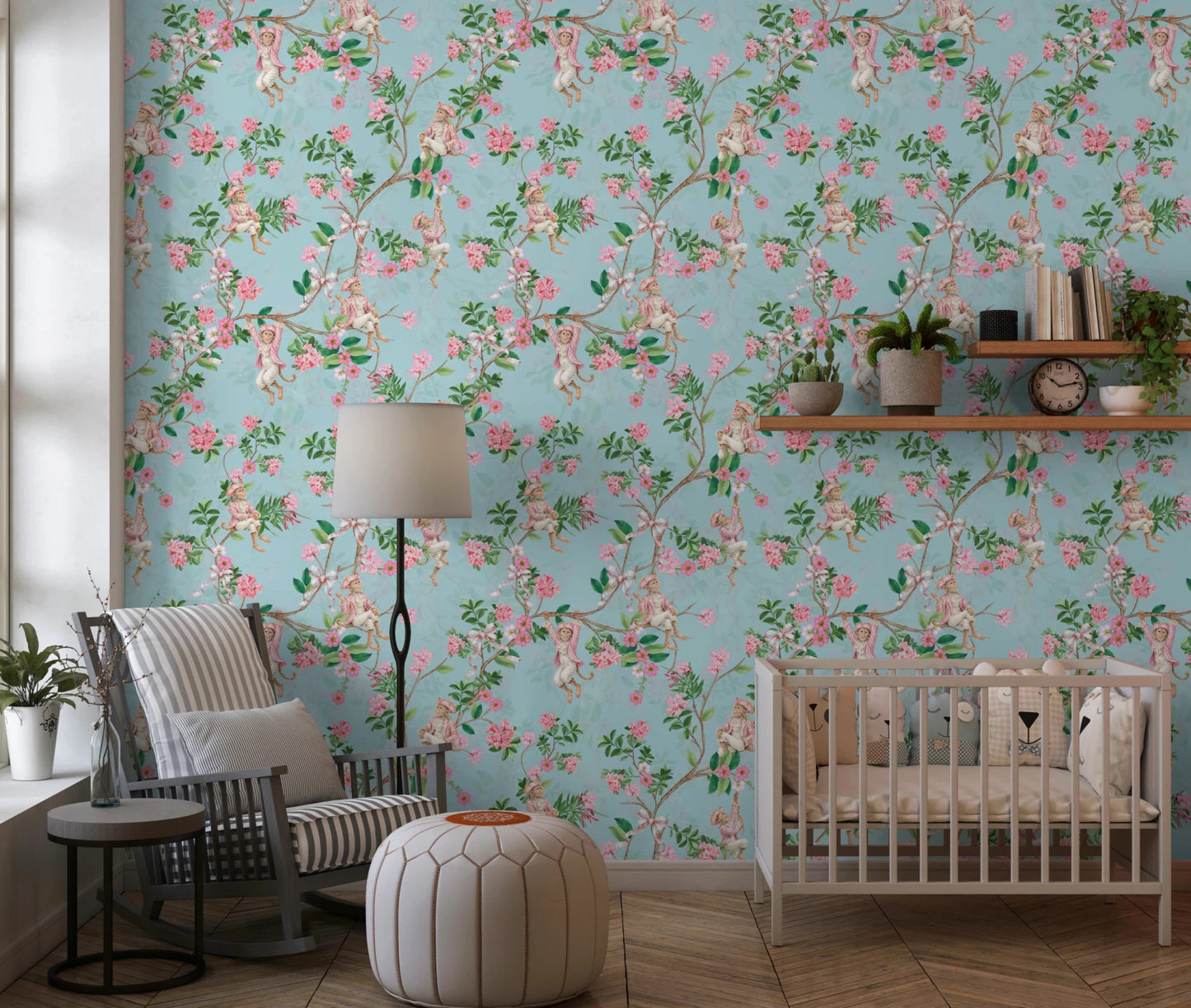 Nursery corner updated with whimsical monkey floral blue wallpaper charm