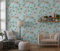 Nursery corner updated with whimsical monkey floral blue wallpaper charm