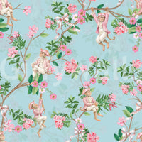 Vintage aristocratic monkey wallpaper in blue with florals and ribbon detail
