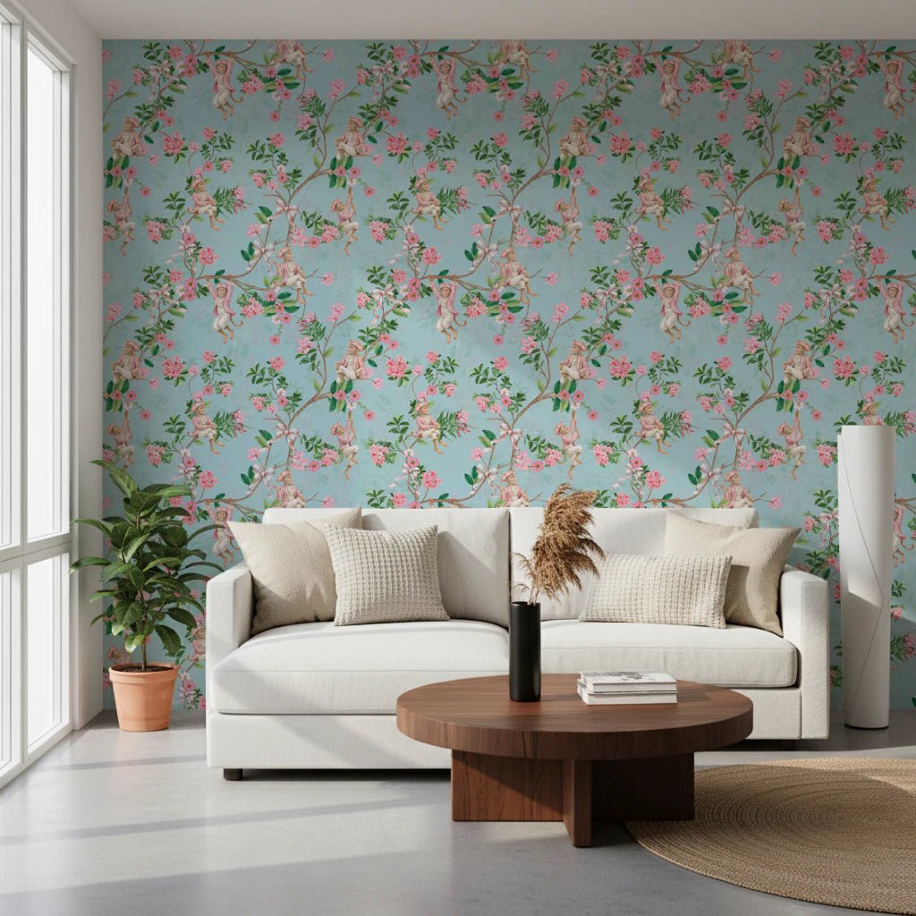 Open sofa space finished in vineyard party blue wallpaper with leafy branches