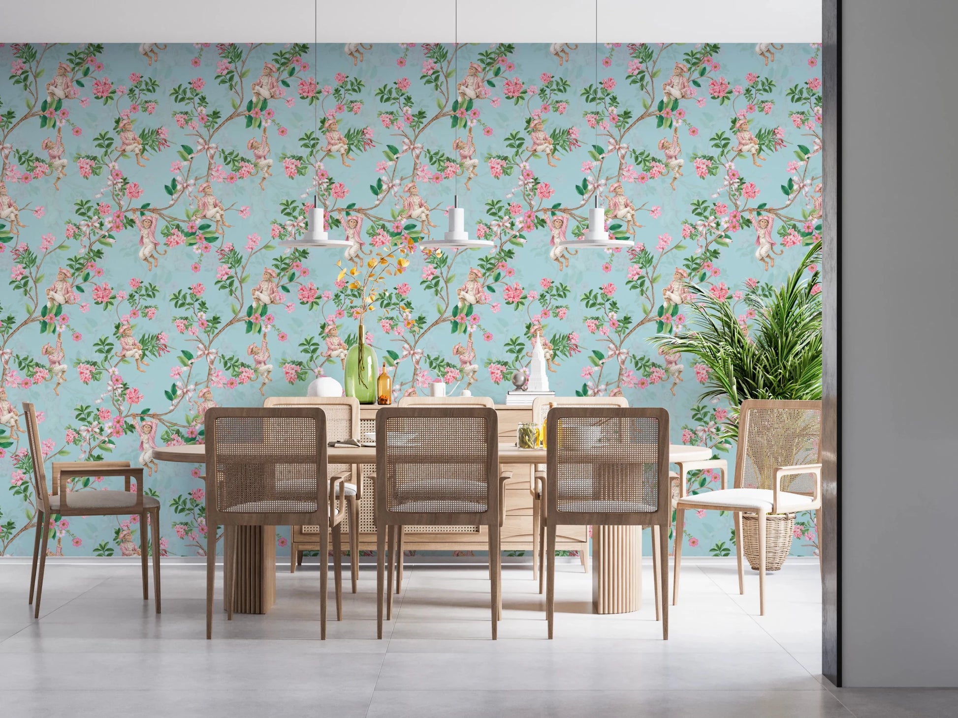 Dining room brightened by aristocratic vineyard wallpaper with blossoms and vines