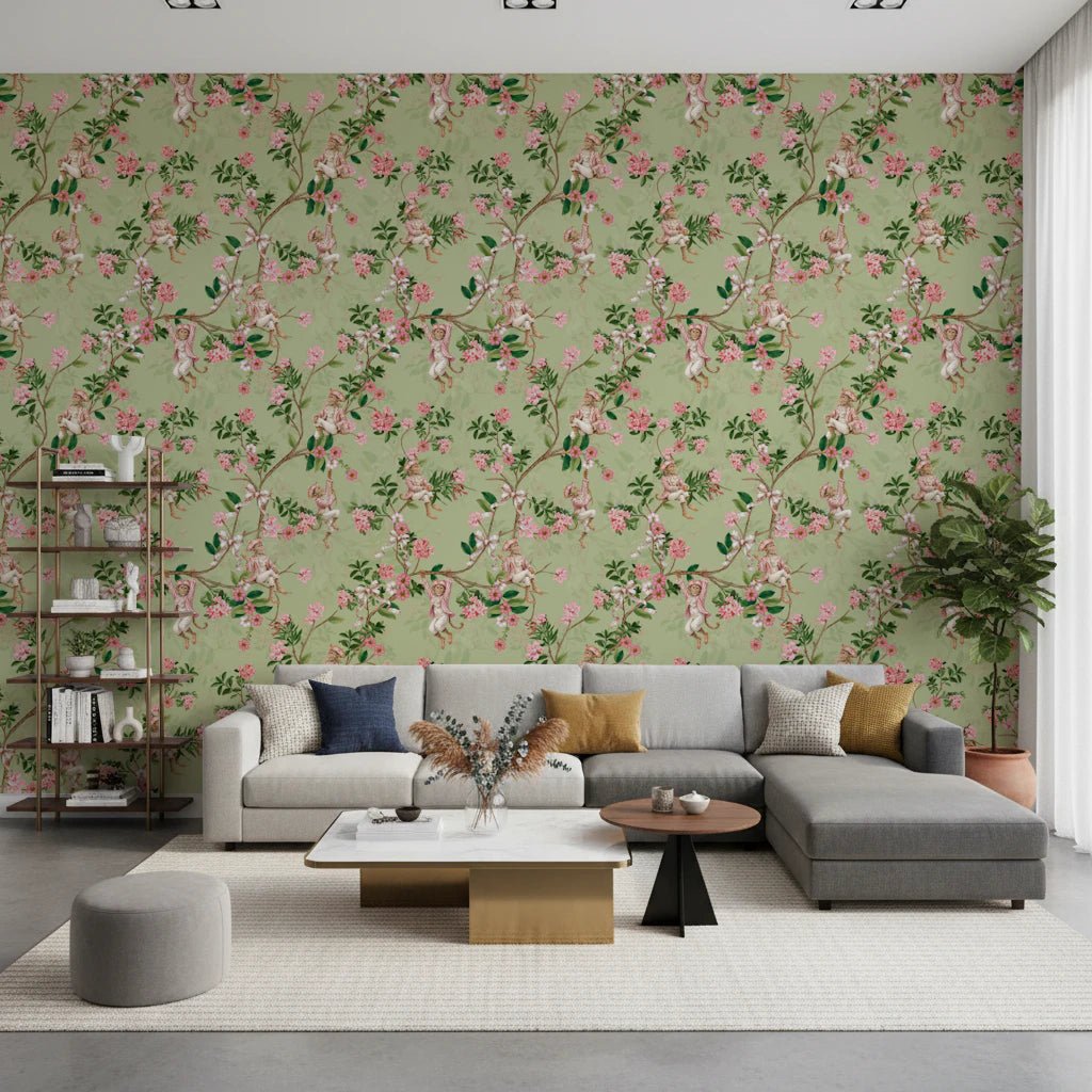 Spacious lounge with the Whimsical Rococo Monkeys Vineyard Garden Green Wallpaper